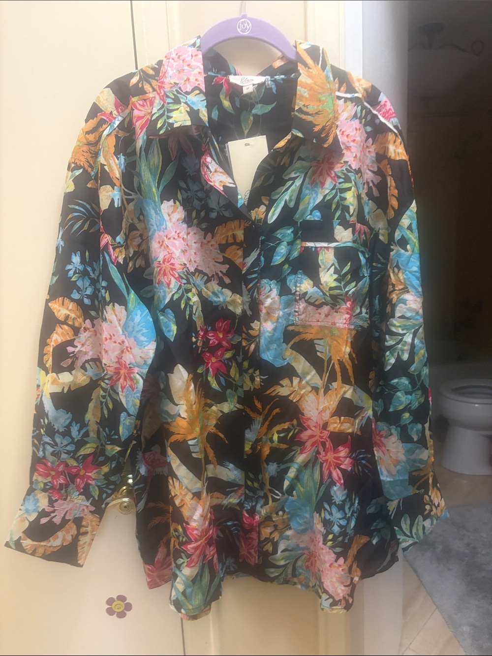 Elan Black Floral Button-Up Blouse with Multicolor Tropical Print
